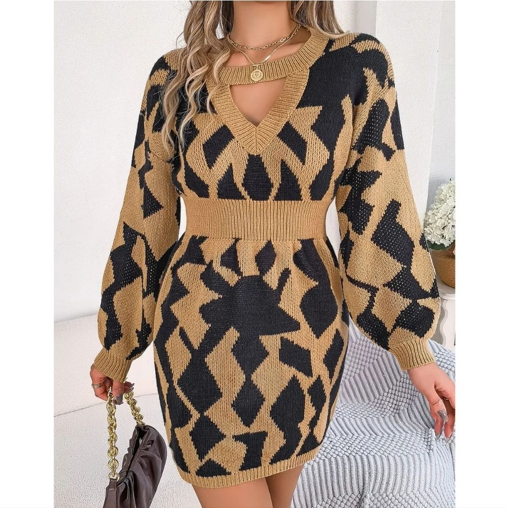 Tan And Black Cutout Long Sleeve Sweater Dress